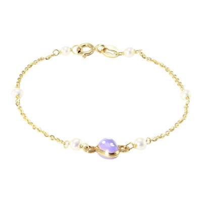 Bracelet enfant or jaune 375 coeurs et perles de culture 6,2mm x 14cm