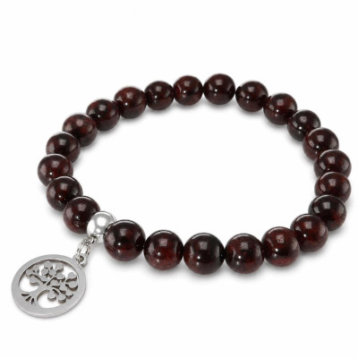 Bracelet Grenat 8mm et Breloque Arbre de Vie en acier