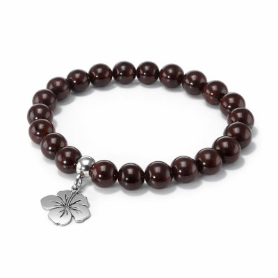 Bracelet Grenat 8mm et Breloque Hibiscus en Acier