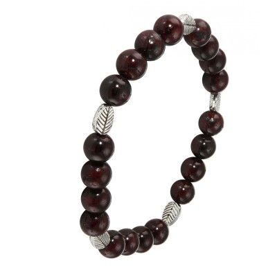 Bracelet Grenat 8mm et Motif Feuille en métal