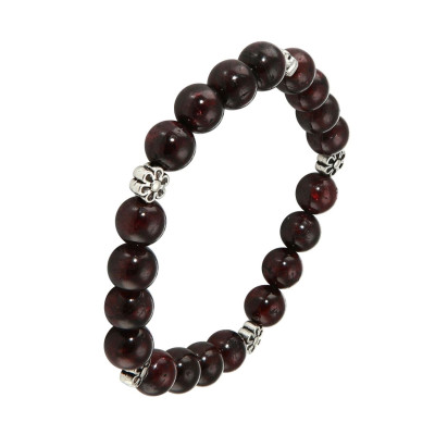 Bracelet Grenat 8mm et Motif Fleur en métal