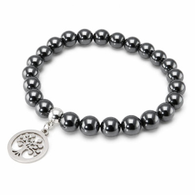 Bracelet Hematite 8mm et Breloque Arbre de Vie en acier