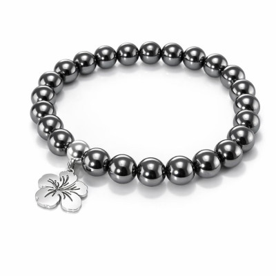 Bracelet Hématite 8mm et Breloque Hibiscus en Acier