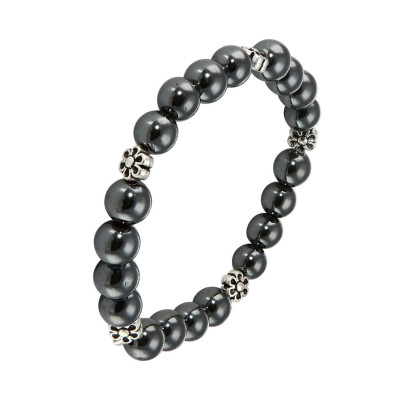 Bracelet Hematite 8mm et Motif Fleur en métal