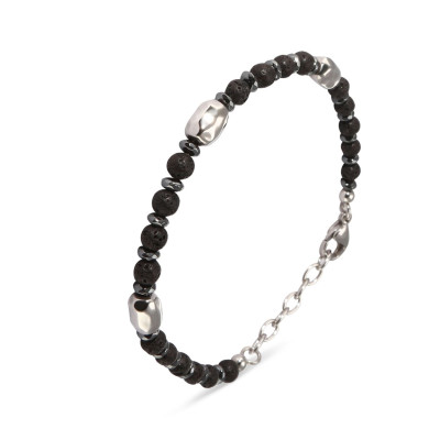Bracelet homme acier billes de lave 6mm x 21cm