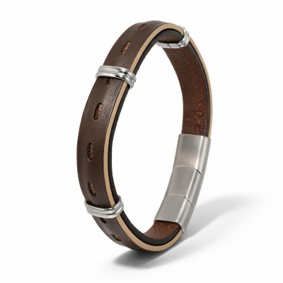Bracelet Homme Acier, Cuir Bovin et Matière Synthétique Marron 12mm x 21cm