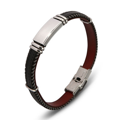 Bracelet Homme Acier, Cuir Bovin et Tissu Noir 10mm x 21cm