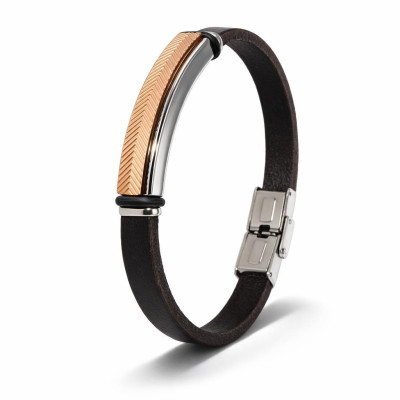 Bracelet Homme Acier et Cuir Bovin avec Plaque Bicolore 10mm x 21cm