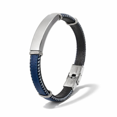Bracelet Homme Acier et Cuir Bovin Bleu Marine avec Plaque 11mm x 21cm