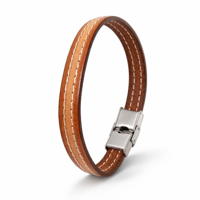 Bracelet Homme Acier et Cuir Bovin Camel avec Coutures Écrues 10mm x 21cm
