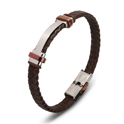 Bracelet Homme Acier et Cuir Bovin Marron 12mm x 21cm