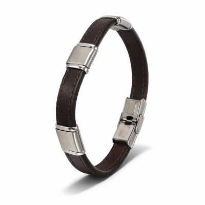 Bracelet Homme Acier et Cuir Bovin Marron avec 3 Plaques 11mm x 21cm
