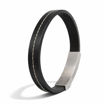 Bracelet Homme Acier et Cuir Bovin Noir avec Couture Écrue 10mm x 22cm
