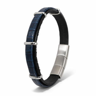Bracelet Homme Acier et Cuir Bovin Noir et Bleu Marine 12mm x 21cm
