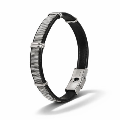 Bracelet Homme Acier et Cuir Bovin Noir et Gris avec Maille 11mm x 21cm