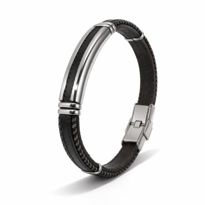 Bracelet Homme Acier et Cuir Bovin Noir et Gris avec Plaque 10mm x 21cm