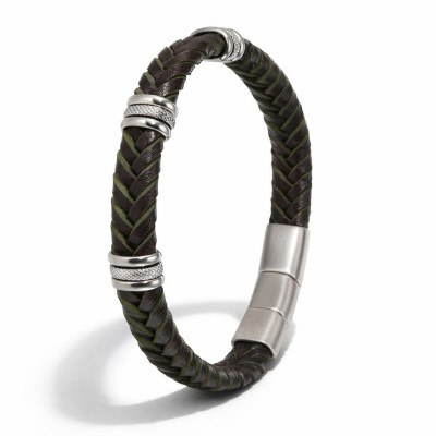 Bracelet Homme Acier et Cuir Bovin Tressé Marron et Kaki 11mm x 21cm