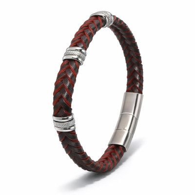 Bracelet Homme Acier et Cuir Bovin Tressé Marron et Rouge 11mm x 21cm