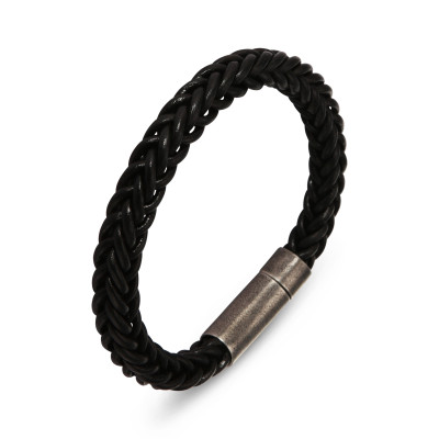 Bracelet Homme Acier et Cuir noir tressé
