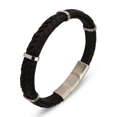 Bracelet Homme Acier et Cuir tressé noir