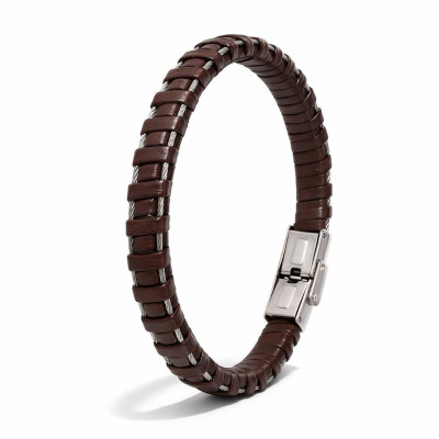 Bracelet Homme Acier et Matière Synthétique Marron avec Fils Torsadés 9mm x 21cm