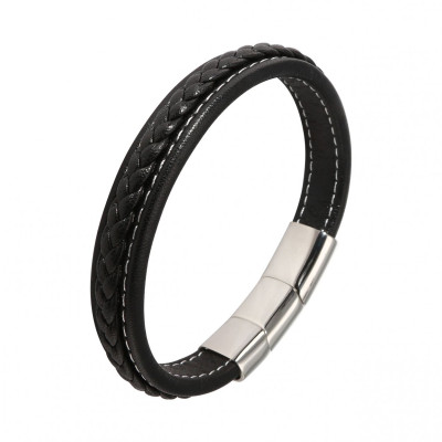 Bracelet Homme Acier et Matière Synthétique Noire 13mm x 21-23cm