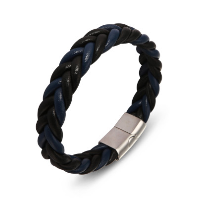 Bracelet Homme Acier et Matière Synthétique Noire et Bleu Marine Tressée 12,7mm x 20,5cm