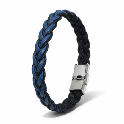 Bracelet Homme Acier et Matière Synthétique Tressée Bleu et Noir 11mm x 21cm