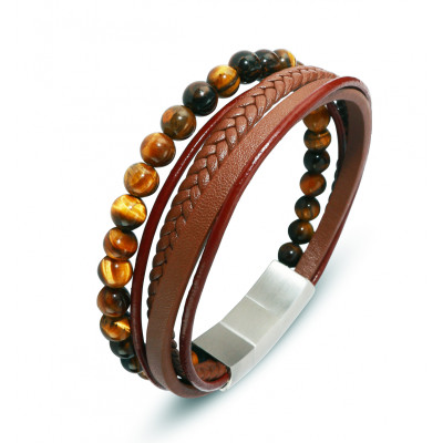 Bracelet Homme Marron Cuir Bovin Matière Synthétique et Oeil de Tigre 22mm x 21-23cm
