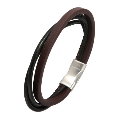 Bracelet Homme Multi-rangs Acier, Cuir Bovin et Matière Synthétique Marron et Noir 12mm x 20cm