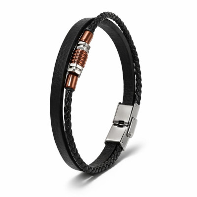 Bracelet Homme Multi-rangs Acier et Matière Synthétique Noir 12mm x 21cm