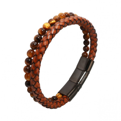 Bracelet Homme Multi-rangs Cuir Bovin Marron et Oeil de Tigre 12mm