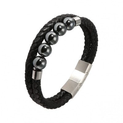 Bracelet Homme Multi-rangs Cuir de Vache Noir et Hematite