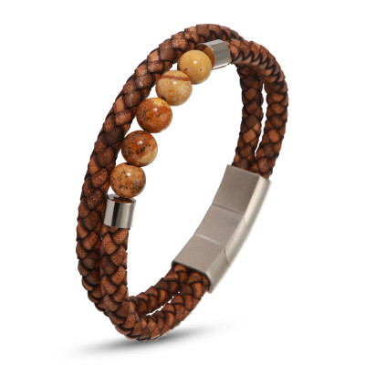 Bracelet Homme Multi-rangs Marron Acier Cuir Bovin et Jaspe 16mm x 21-22cm