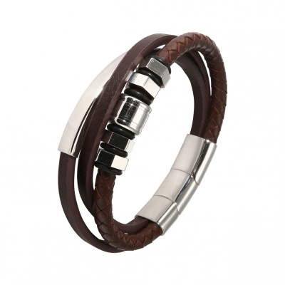 Bracelet Homme Multi-rangs Marron Croute de Cuir Bovin Matière Synthétique 23mm x 20-23cm