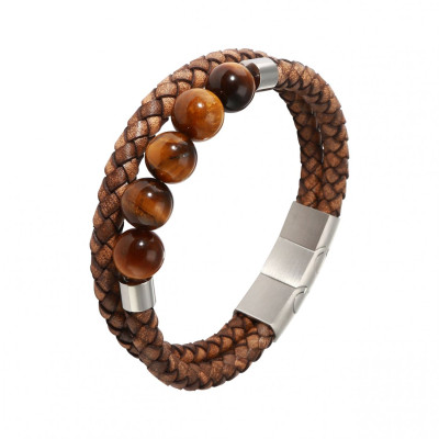 Bracelet Homme Multi-rangs Marron Cuir Bovin et Oeil de Tigre 16mm x 21-22cm