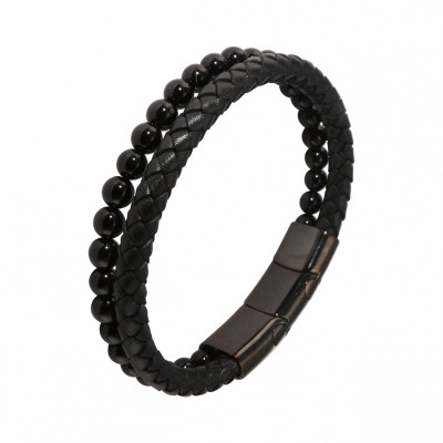Bracelet Homme Multi-rangs Noir Acier Cuir Bovin Onyx 12mm x 21-22cm