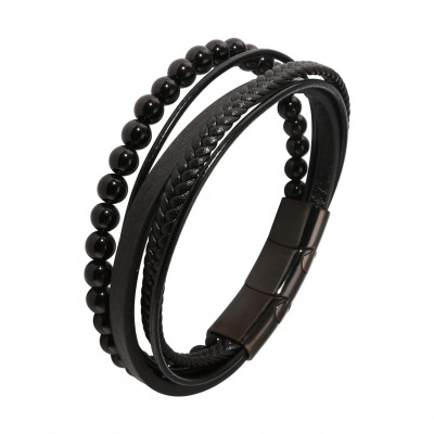 Bracelet Homme Multi-rangs Noir Cuir Bovin, Matière Synthétique et Onyx 20mm