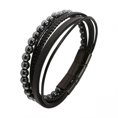 Bracelet Homme Multi-rangs Noir et Gris Cuir Bovin Noir Matière Synthétique et Hématite  22mm x 21-23cm