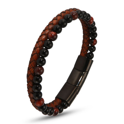 Bracelet Homme Multi-rangs Rouge Acier Cuir Bovin Onyx et Oeil de Taureau 12mm x 21-22cm