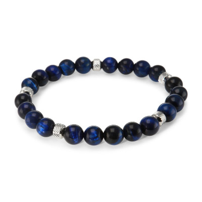 Bracelet Homme Oeil de Tigre bleu teinté 8mm et billes striées en acier
