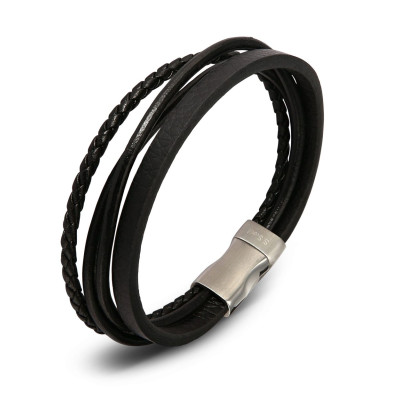 Bracelet homme Similicuir noir multirang 14mm x 21cm