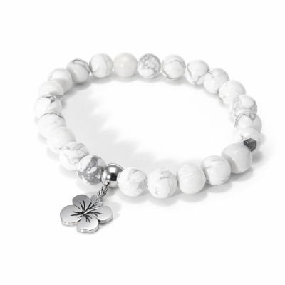 Bracelet Howlite 8mm et Breloque Hibiscus en Acier