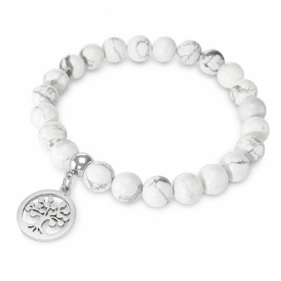 Bracelet Howlite Blanche 8mm et Breloque Arbre de Vie en acier