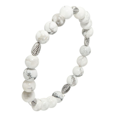Bracelet Howlite Blanche 8mm et Motif Feuille en métal