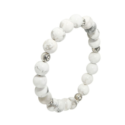Bracelet Howlite Blanche 8mm et Oeil porte bonheur en métal