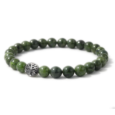 Bracelet Jade 8mm et Arbre de vie en Acier