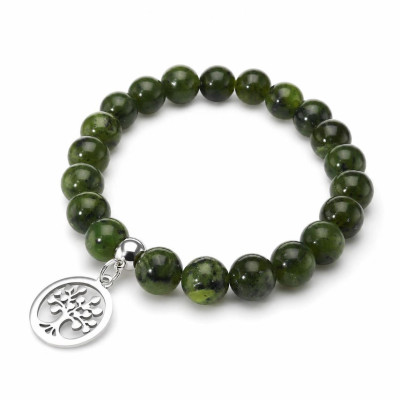 Bracelet Jade 8mm et Breloque Arbre de Vie en acier
