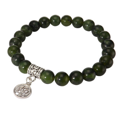Bracelet Jade 8mm et Breloque Arbre de Vie en métal