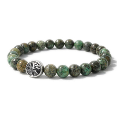 Bracelet Jaspe Africain 8mm et Arbre de vie en Acier